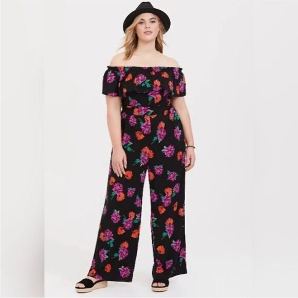 Torrid Black Floral Off Shoulder Design Contemporary Boho Feminine Jumpsuit - Picture 1 of 16